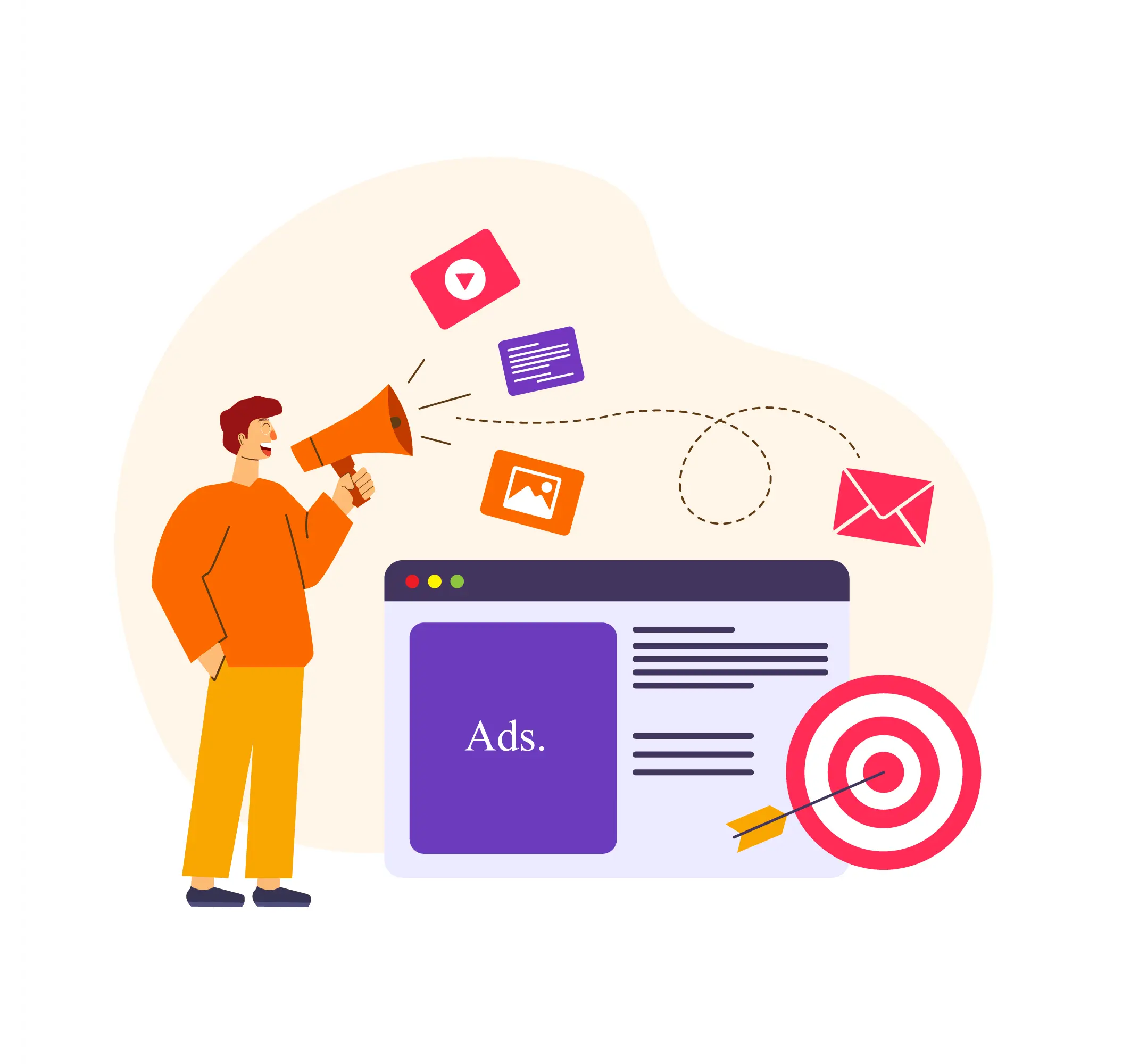 Person with megaphone beside an Ads browser window and bullseye target representing Google Ads campaigns