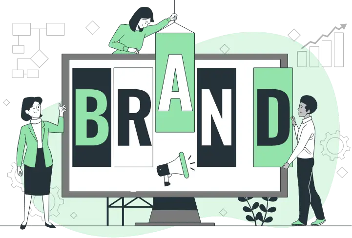 Design team constructing BRAND letters on a large computer monitor with growth chart and megaphone