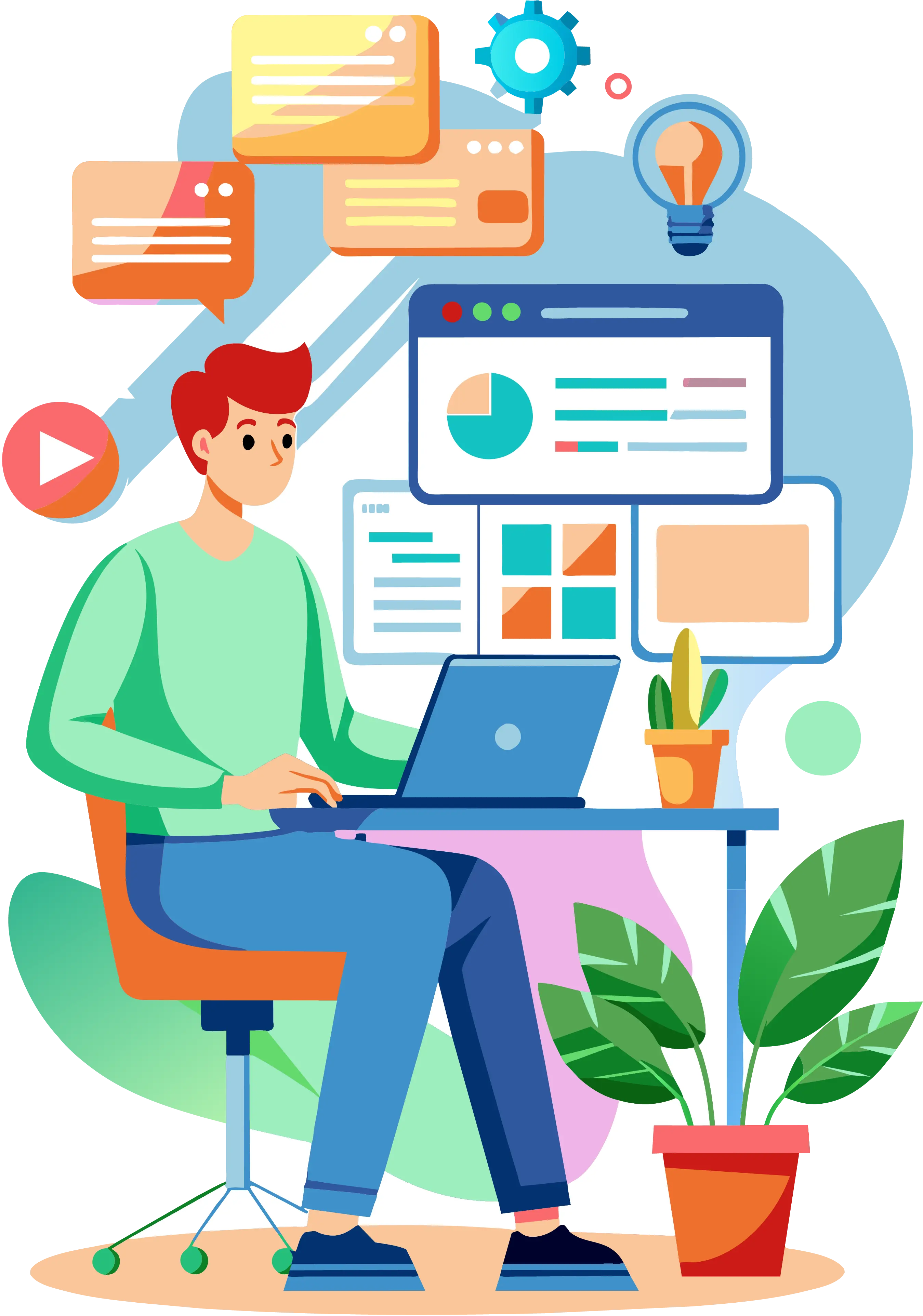 Developer maintaining a website with floating dashboard panels, notifications and analytics