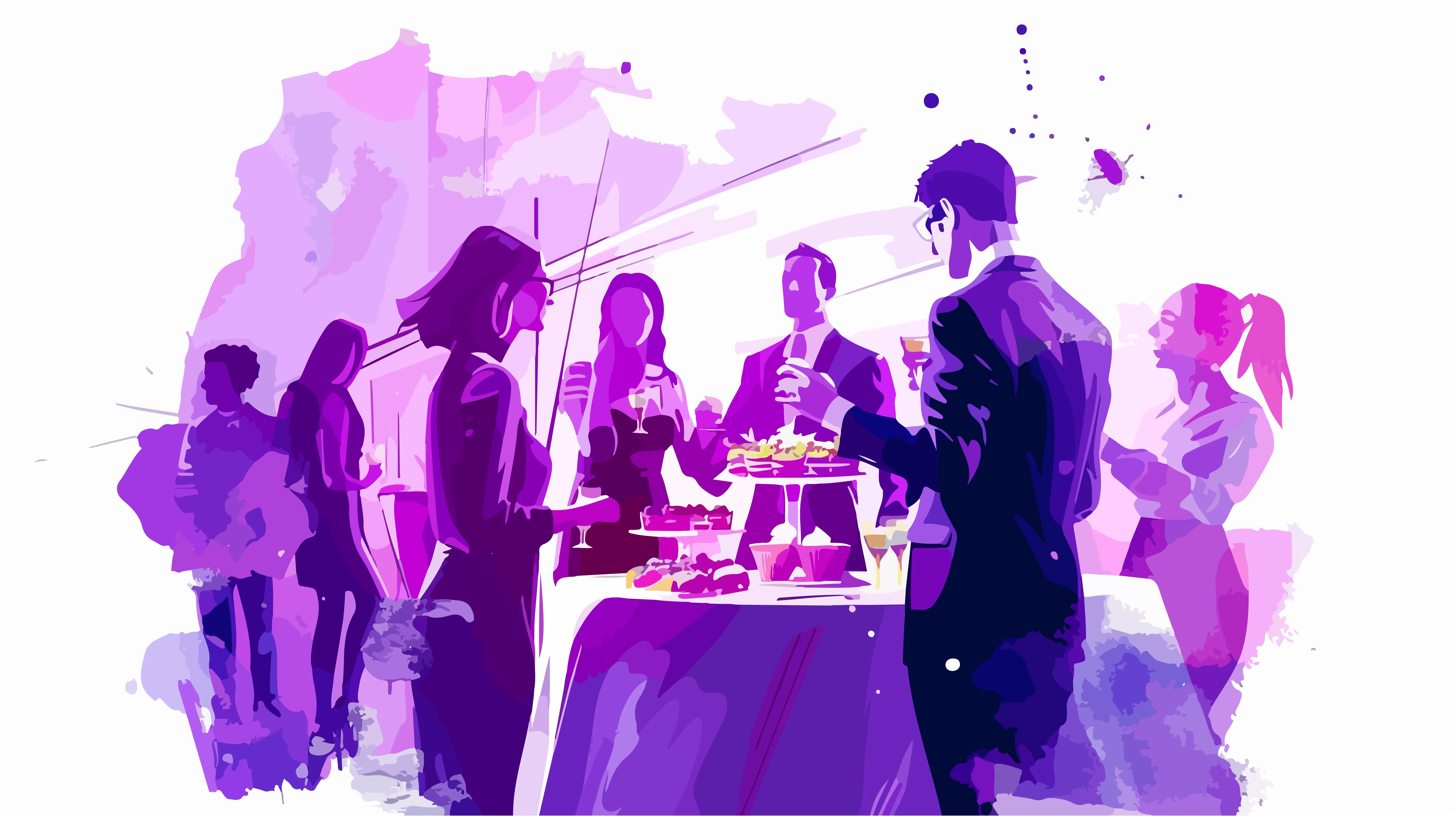 Elegant corporate and wedding event scene in purple watercolour style with professionals networking