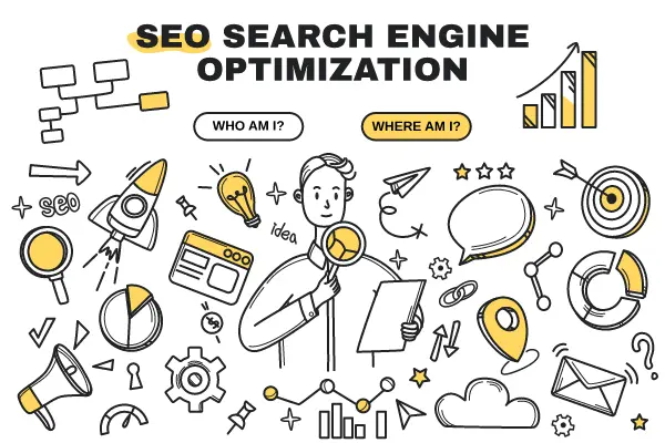 SEO services doodle illustration with rocket, magnifier and search engine optimisation icons