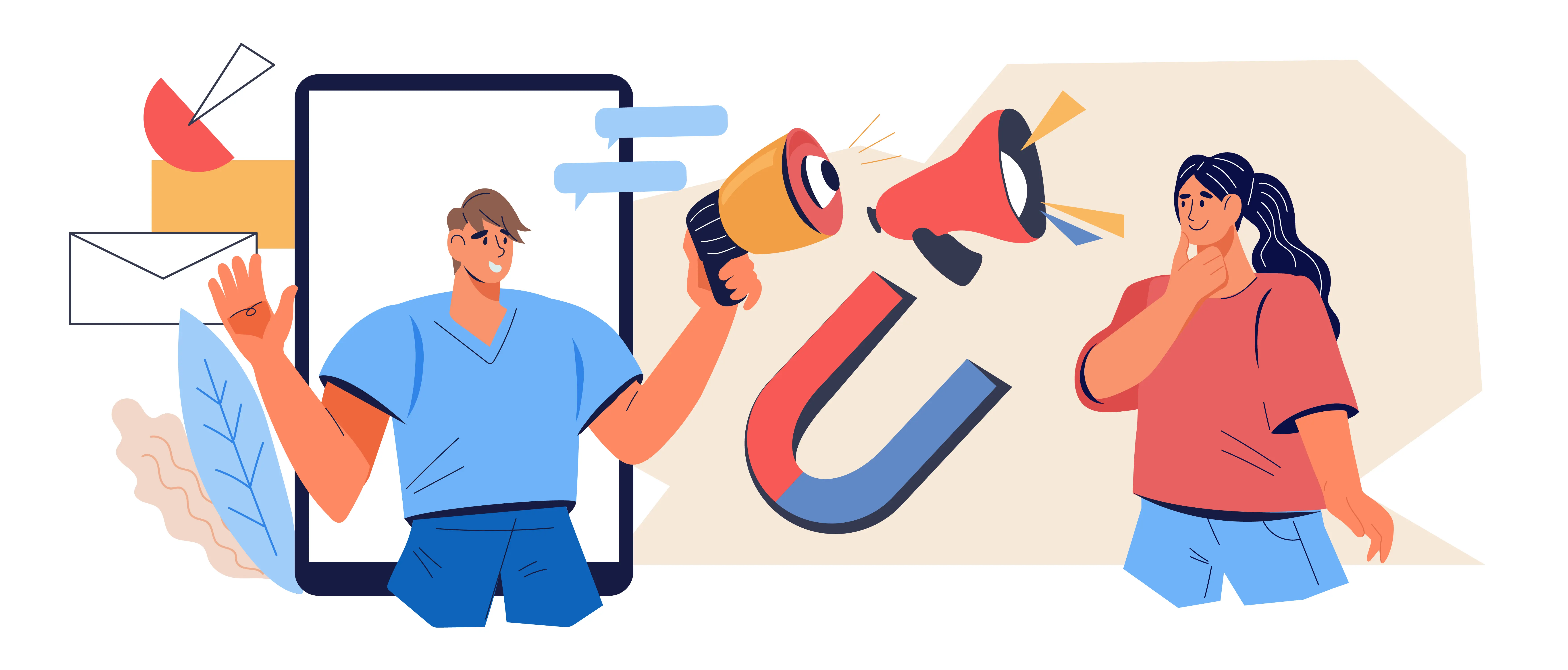 Digital advertiser emerging from a mobile phone with megaphone and magnet attracting leads