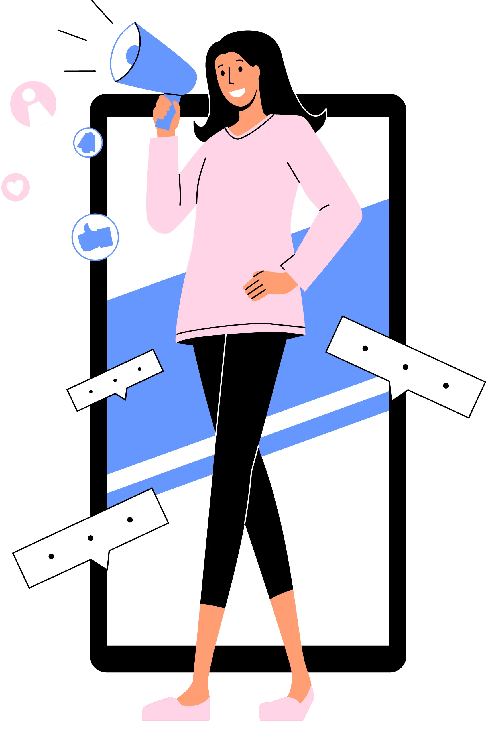 Retail brand promoter stepping from mobile screen with megaphone and social engagement icons