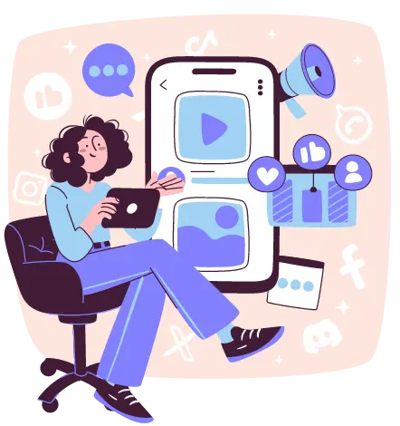 Video creator with tablet and phone showing video player surrounded by social media icons