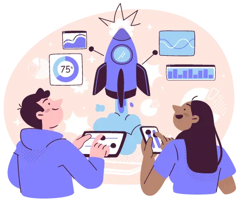 IT professionals launching a rocket with analytics dashboards representing software business growth