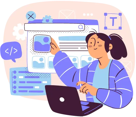 Web designer building a website layout on laptop with code tags and UI design elements
