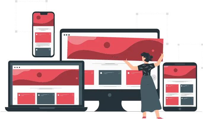 Responsive landing page displayed across desktop monitor, laptop, tablet and mobile devices