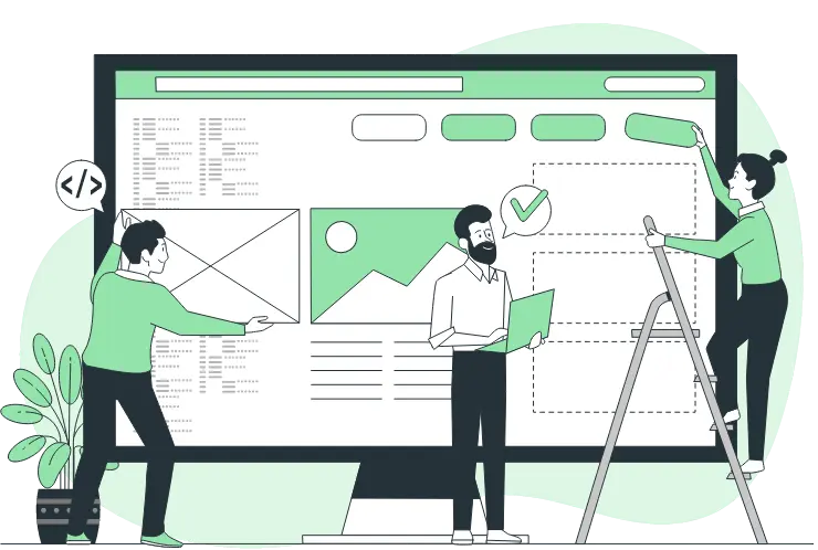 Development team collaborating on a large website screen with code tags and approval checkmarks